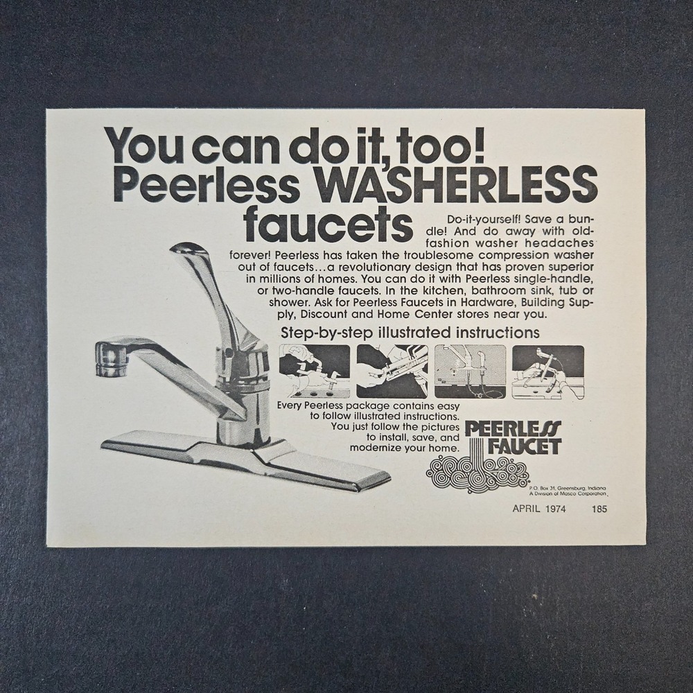 1974 Peerless Washerless Faucet Masco Corporation Vintage Print Ad Greensburg IN